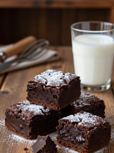 A stack of indulgent dark chocolate brownies on a rustic wooden table, showcasing their fudgy texture and rich, glossy surface. The brownies are dusted with a light sprinkle of powdered sugar, accentuating their decadent appeal. In the foreground, a few brownie squares are slightly crumbled to reveal the moist interior, emphasizing their deliciousness. The middle ground features a glass of cold milk placed beside the brownies, contrasting the dark chocolate. Soft, warm lighting casts gentle shadows, creating an inviting atmosphere, as if captured in a cozy kitchen setting. In the background, there are hints of baking utensils and a rich dark, rustic wood shelf, enhancing the homely feel, while maintaining focus on the brownies. The overall mood exudes warmth and temptation, perfect for a dessert lovers' delight.