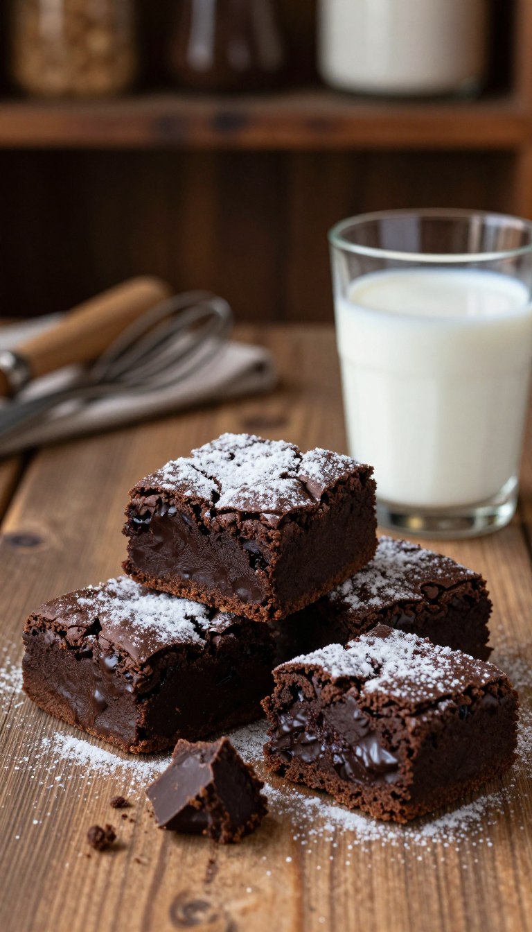 A stack of indulgent dark chocolate brownies on a rustic wooden table, showcasing their fudgy texture and rich, glossy surface. The brownies are dusted with a light sprinkle of powdered sugar, accentuating their decadent appeal. In the foreground, a few brownie squares are slightly crumbled to reveal the moist interior, emphasizing their deliciousness. The middle ground features a glass of cold milk placed beside the brownies, contrasting the dark chocolate. Soft, warm lighting casts gentle shadows, creating an inviting atmosphere, as if captured in a cozy kitchen setting. In the background, there are hints of baking utensils and a rich dark, rustic wood shelf, enhancing the homely feel, while maintaining focus on the brownies. The overall mood exudes warmth and temptation, perfect for a dessert lovers' delight.