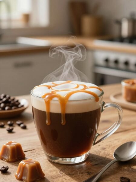 A steaming cup of caramel protein hot coffee is placed on a rustic wooden table. The coffee is rich and dark, with a creamy layer of caramel drizzled on top, glistening in the light. Surrounding the cup are a few caramel candies and a spoon, showcasing the delicious ingredients. In the background, softly blurred, there are coffee beans scattered around and a warm, inviting kitchen environment with sunlight streaming through a window, creating a cozy atmosphere. The scene is captured at eye level with soft, natural lighting to enhance the richness and warmth of the coffee. The overall mood is energizing and comforting, perfect for a morning boost.