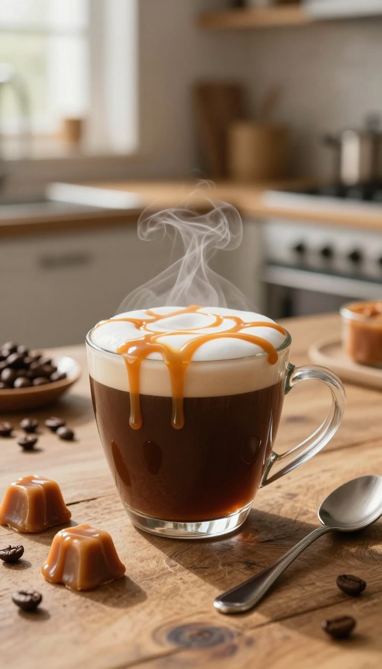 A steaming cup of caramel protein hot coffee is placed on a rustic wooden table. The coffee is rich and dark, with a creamy layer of caramel drizzled on top, glistening in the light. Surrounding the cup are a few caramel candies and a spoon, showcasing the delicious ingredients. In the background, softly blurred, there are coffee beans scattered around and a warm, inviting kitchen environment with sunlight streaming through a window, creating a cozy atmosphere. The scene is captured at eye level with soft, natural lighting to enhance the richness and warmth of the coffee. The overall mood is energizing and comforting, perfect for a morning boost.