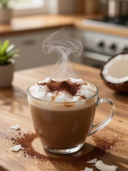 A steaming cup of coconut mocha protein hot coffee sits on a rustic wooden table, garnished with a sprinkle of cocoa powder and a few coconut flakes. The rich, dark coffee swirls with hints of creamy coconut, creating an inviting blend of colors. In the background, a softly blurred kitchen setting features warm, golden lighting filtering through the window, casting gentle reflections on the table. A touch of greenery from a nearby potted plant adds freshness to the scene. The composition is shot from a slightly elevated angle, emphasizing the texture of the coffee and its enticing aroma. The mood is cozy and energizing, perfect for a motivating morning routine, inviting viewers to indulge in a flavorful and nutritious drink.