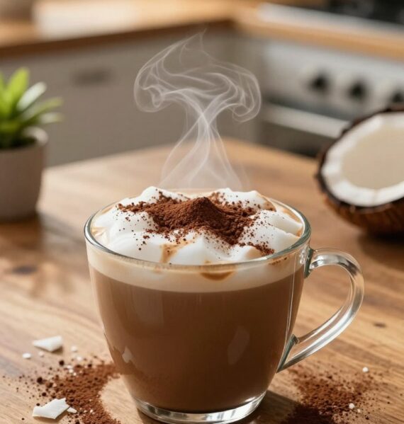 A steaming cup of coconut mocha protein hot coffee sits on a rustic wooden table, garnished with a sprinkle of cocoa powder and a few coconut flakes. The rich, dark coffee swirls with hints of creamy coconut, creating an inviting blend of colors. In the background, a softly blurred kitchen setting features warm, golden lighting filtering through the window, casting gentle reflections on the table. A touch of greenery from a nearby potted plant adds freshness to the scene. The composition is shot from a slightly elevated angle, emphasizing the texture of the coffee and its enticing aroma. The mood is cozy and energizing, perfect for a motivating morning routine, inviting viewers to indulge in a flavorful and nutritious drink.