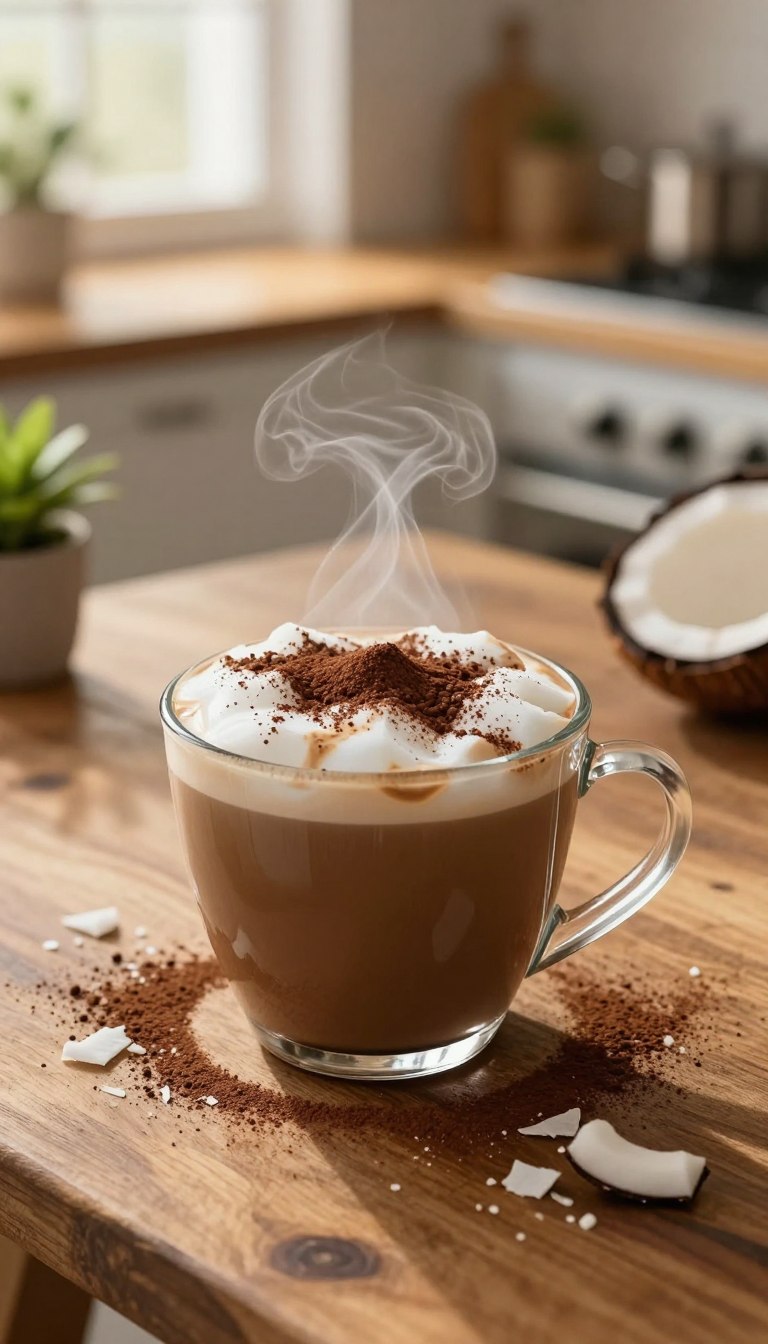 A steaming cup of coconut mocha protein hot coffee sits on a rustic wooden table, garnished with a sprinkle of cocoa powder and a few coconut flakes. The rich, dark coffee swirls with hints of creamy coconut, creating an inviting blend of colors. In the background, a softly blurred kitchen setting features warm, golden lighting filtering through the window, casting gentle reflections on the table. A touch of greenery from a nearby potted plant adds freshness to the scene. The composition is shot from a slightly elevated angle, emphasizing the texture of the coffee and its enticing aroma. The mood is cozy and energizing, perfect for a motivating morning routine, inviting viewers to indulge in a flavorful and nutritious drink.