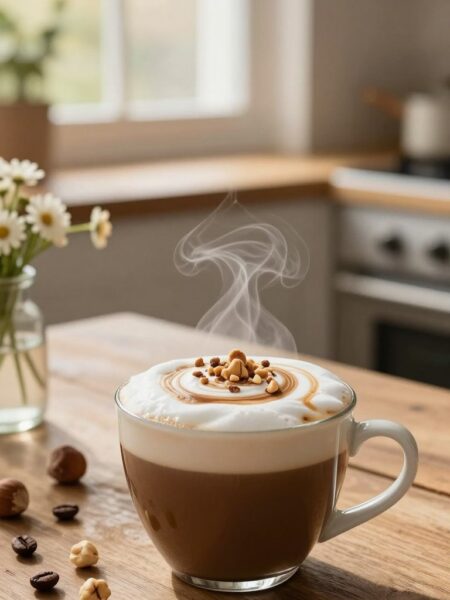 A steaming cup of hazelnut protein hot coffee sits on a rustic wooden table in the foreground, with rich coffee swirls topped by a frothy cream layer, accented with crushed hazelnuts. The middle layer features a cozy kitchen scene with soft ambient lighting creating a warm, inviting atmosphere, complemented by a small vase of fresh flowers and a few coffee beans scattered nearby. In the background, a softly blurred view of a cheerful morning scene through a window with gentle sunlight filtering in. The overall mood conveys comfort and energizing warmth, highlighting the deliciousness and healthfulness of the hazelnut protein hot coffee. Use a close-up angle to emphasize the textures and colors, while keeping the focus on the coffee drink without any other distractions.