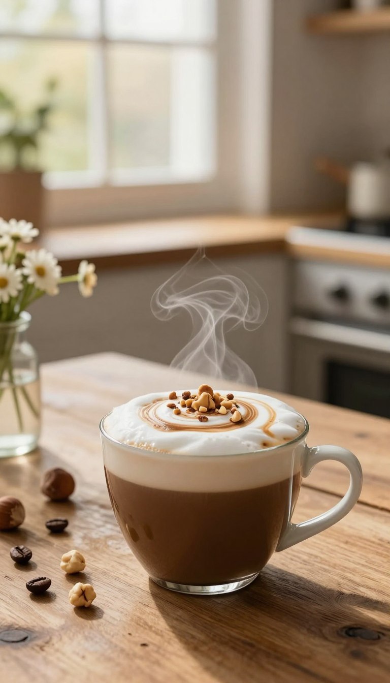 A steaming cup of hazelnut protein hot coffee sits on a rustic wooden table in the foreground, with rich coffee swirls topped by a frothy cream layer, accented with crushed hazelnuts. The middle layer features a cozy kitchen scene with soft ambient lighting creating a warm, inviting atmosphere, complemented by a small vase of fresh flowers and a few coffee beans scattered nearby. In the background, a softly blurred view of a cheerful morning scene through a window with gentle sunlight filtering in. The overall mood conveys comfort and energizing warmth, highlighting the deliciousness and healthfulness of the hazelnut protein hot coffee. Use a close-up angle to emphasize the textures and colors, while keeping the focus on the coffee drink without any other distractions.