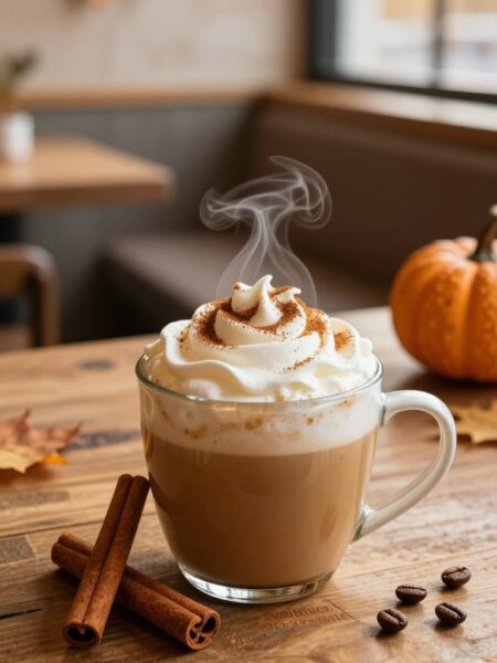 A steaming cup of pumpkin spice protein hot coffee sits elegantly on a rustic wooden table, topped with a frothy swirl of whipped cream and a sprinkle of cinnamon. In the foreground, a cinnamon stick leans against the mug, enhancing the autumnal vibe. The middle ground features a cozy café setting with plush seating and soft, warm lighting that creates an inviting atmosphere. A small pumpkin and scattered coffee beans add to the seasonal charm. The background hints at softly blurred autumn leaves through a window, allowing golden sunlight to filter in, casting a warm glow on the scene. The image captures a sense of comfort and energizing warmth, ideal for a refreshing boost on a cool day.