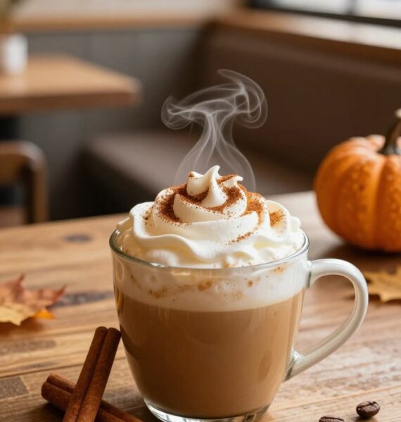 A steaming cup of pumpkin spice protein hot coffee sits elegantly on a rustic wooden table, topped with a frothy swirl of whipped cream and a sprinkle of cinnamon. In the foreground, a cinnamon stick leans against the mug, enhancing the autumnal vibe. The middle ground features a cozy café setting with plush seating and soft, warm lighting that creates an inviting atmosphere. A small pumpkin and scattered coffee beans add to the seasonal charm. The background hints at softly blurred autumn leaves through a window, allowing golden sunlight to filter in, casting a warm glow on the scene. The image captures a sense of comfort and energizing warmth, ideal for a refreshing boost on a cool day.