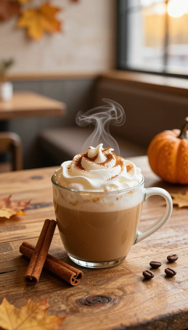A steaming cup of pumpkin spice protein hot coffee sits elegantly on a rustic wooden table, topped with a frothy swirl of whipped cream and a sprinkle of cinnamon. In the foreground, a cinnamon stick leans against the mug, enhancing the autumnal vibe. The middle ground features a cozy café setting with plush seating and soft, warm lighting that creates an inviting atmosphere. A small pumpkin and scattered coffee beans add to the seasonal charm. The background hints at softly blurred autumn leaves through a window, allowing golden sunlight to filter in, casting a warm glow on the scene. The image captures a sense of comfort and energizing warmth, ideal for a refreshing boost on a cool day.
