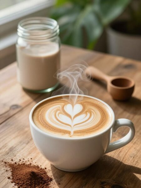 A steaming cup of vanilla protein latte rests on a rustic wooden tabletop, adorned with delicate latte art in the shape of a heart, showcasing the creamy texture. In the foreground, a sprinkle of cocoa powder adds a touch of elegance. The middle ground features a glass protein powder jar and a small wooden scoop, suggesting a health-conscious lifestyle. Soft, natural lighting filters through a nearby window, casting warm highlights and gentle shadows, creating an inviting atmosphere. In the background, a blurred view of lush green plants enhances the freshness and vitality of the scene. The angle is slightly overhead, capturing the depth and richness of the latte and inviting viewers to indulge in this energizing drink.