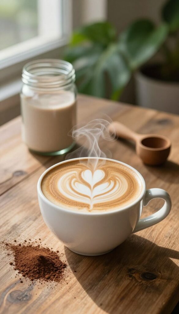 A steaming cup of vanilla protein latte rests on a rustic wooden tabletop, adorned with delicate latte art in the shape of a heart, showcasing the creamy texture. In the foreground, a sprinkle of cocoa powder adds a touch of elegance. The middle ground features a glass protein powder jar and a small wooden scoop, suggesting a health-conscious lifestyle. Soft, natural lighting filters through a nearby window, casting warm highlights and gentle shadows, creating an inviting atmosphere. In the background, a blurred view of lush green plants enhances the freshness and vitality of the scene. The angle is slightly overhead, capturing the depth and richness of the latte and inviting viewers to indulge in this energizing drink.