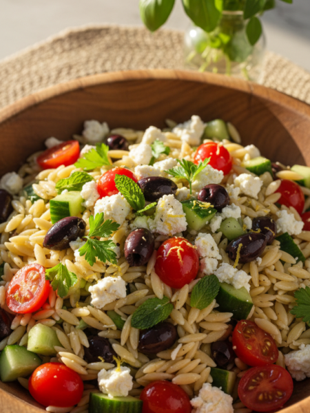A vibrant Mediterranean orzo salad elegantly displayed in a rustic wooden bowl, filled with perfectly cooked orzo pasta, ripe cherry tomatoes, diced cucumbers, Kalamata olives, and crumbled feta cheese. Fresh parsley and mint leaves are sprinkled throughout for a burst of color. The salad glistens with a light drizzle of olive oil and a hint of lemon zest. Set against a soft, sunlit kitchen table with a light, airy atmosphere. A blurred background features a woven placemat and a vase of fresh herbs. The lighting is warm and inviting, evoking a sense of summer dining. Captured from a slightly elevated angle to highlight the textures and colors of the ingredients, creating an appetizing and fresh mood.