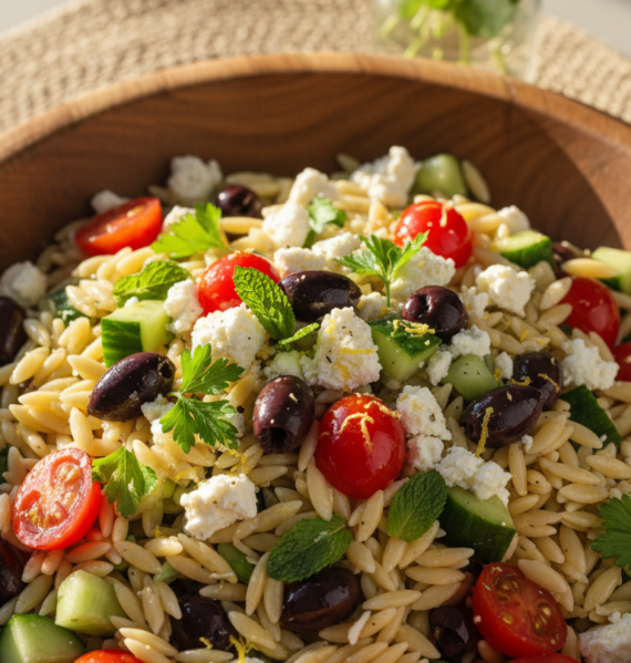 A vibrant Mediterranean orzo salad elegantly displayed in a rustic wooden bowl, filled with perfectly cooked orzo pasta, ripe cherry tomatoes, diced cucumbers, Kalamata olives, and crumbled feta cheese. Fresh parsley and mint leaves are sprinkled throughout for a burst of color. The salad glistens with a light drizzle of olive oil and a hint of lemon zest. Set against a soft, sunlit kitchen table with a light, airy atmosphere. A blurred background features a woven placemat and a vase of fresh herbs. The lighting is warm and inviting, evoking a sense of summer dining. Captured from a slightly elevated angle to highlight the textures and colors of the ingredients, creating an appetizing and fresh mood.