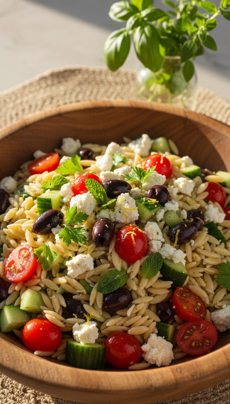 A vibrant Mediterranean orzo salad elegantly displayed in a rustic wooden bowl, filled with perfectly cooked orzo pasta, ripe cherry tomatoes, diced cucumbers, Kalamata olives, and crumbled feta cheese. Fresh parsley and mint leaves are sprinkled throughout for a burst of color. The salad glistens with a light drizzle of olive oil and a hint of lemon zest. Set against a soft, sunlit kitchen table with a light, airy atmosphere. A blurred background features a woven placemat and a vase of fresh herbs. The lighting is warm and inviting, evoking a sense of summer dining. Captured from a slightly elevated angle to highlight the textures and colors of the ingredients, creating an appetizing and fresh mood.