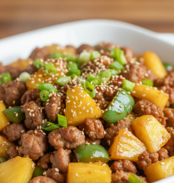 A vibrant and appetizing Teriyaki Ground Pork Sausage Pineapple Stir Fry set on a white ceramic plate. In the foreground, glistening pieces of ground pork sausage stir-fried to a golden-brown hue, intermingled with bright yellow pineapple chunks and vibrant green bell peppers. The middle ground features chopped green onions and sesame seeds sprinkled atop for garnish. The background shows a soft-focus kitchen setting with a hint of wooden counter and a subtle bokeh effect from soft, warm kitchen lighting. The atmosphere is inviting and delicious, evoking a sense of home-cooked comfort. The composition should capture the textures and colors of the ingredients, highlighting the dish's savory and sweet elements, all presented without any text or overlays.