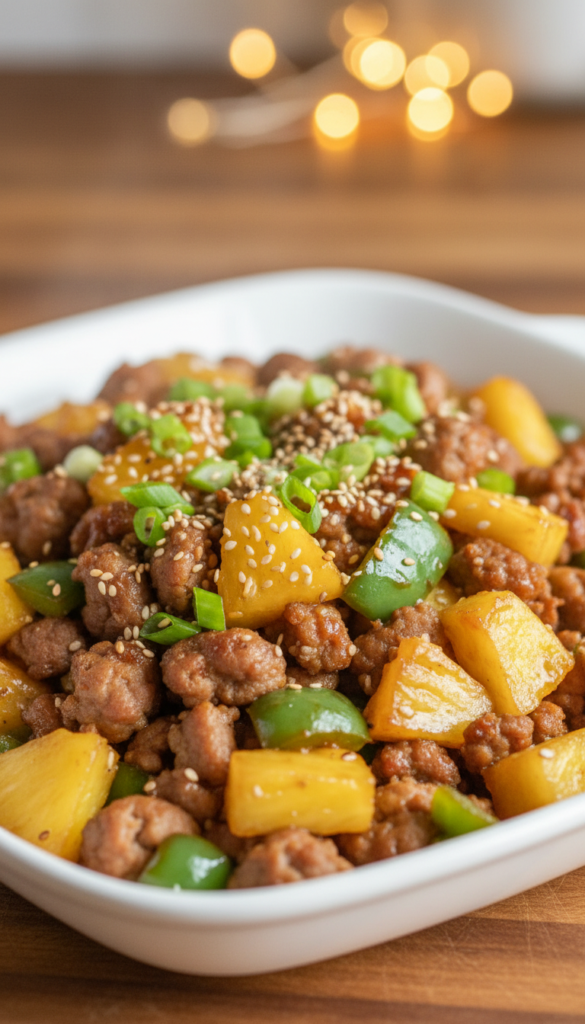 A vibrant and appetizing Teriyaki Ground Pork Sausage Pineapple Stir Fry set on a white ceramic plate. In the foreground, glistening pieces of ground pork sausage stir-fried to a golden-brown hue, intermingled with bright yellow pineapple chunks and vibrant green bell peppers. The middle ground features chopped green onions and sesame seeds sprinkled atop for garnish. The background shows a soft-focus kitchen setting with a hint of wooden counter and a subtle bokeh effect from soft, warm kitchen lighting. The atmosphere is inviting and delicious, evoking a sense of home-cooked comfort. The composition should capture the textures and colors of the ingredients, highlighting the dish's savory and sweet elements, all presented without any text or overlays.