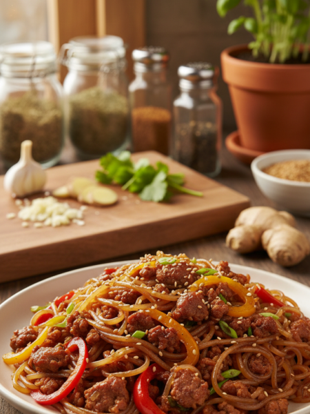 A vibrant and appetizing plate of ground pork sausage rice noodle stir fry, centered in the foreground. The stir fry features glossy rice noodles intertwined with seasoned ground pork, colorful bell peppers, and crisp green onions, all glistening with a savory soy sauce glaze. In the middle ground, a wooden cutting board with scattered fresh ingredients like chopped garlic and ginger adds depth. The background shows a soft-focus kitchen scene, with a hint of herbs and spices on a countertop, creating a warm, inviting atmosphere. The lighting is natural, with soft sunlight filtering through a nearby window, enhancing the dish's textures and colors. Shot from a slightly elevated angle for an appealing composition, conveying a cozy and delicious home-cooked meal feel.