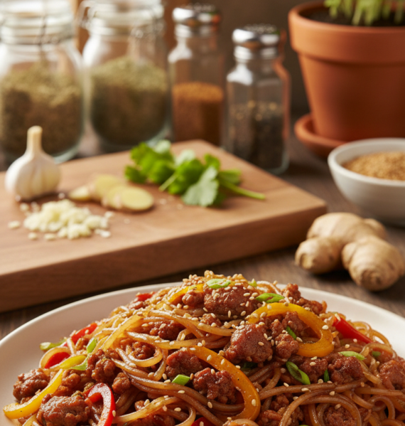 A vibrant and appetizing plate of ground pork sausage rice noodle stir fry, centered in the foreground. The stir fry features glossy rice noodles intertwined with seasoned ground pork, colorful bell peppers, and crisp green onions, all glistening with a savory soy sauce glaze. In the middle ground, a wooden cutting board with scattered fresh ingredients like chopped garlic and ginger adds depth. The background shows a soft-focus kitchen scene, with a hint of herbs and spices on a countertop, creating a warm, inviting atmosphere. The lighting is natural, with soft sunlight filtering through a nearby window, enhancing the dish's textures and colors. Shot from a slightly elevated angle for an appealing composition, conveying a cozy and delicious home-cooked meal feel.