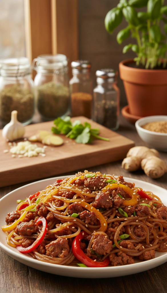 A vibrant and appetizing plate of ground pork sausage rice noodle stir fry, centered in the foreground. The stir fry features glossy rice noodles intertwined with seasoned ground pork, colorful bell peppers, and crisp green onions, all glistening with a savory soy sauce glaze. In the middle ground, a wooden cutting board with scattered fresh ingredients like chopped garlic and ginger adds depth. The background shows a soft-focus kitchen scene, with a hint of herbs and spices on a countertop, creating a warm, inviting atmosphere. The lighting is natural, with soft sunlight filtering through a nearby window, enhancing the dish's textures and colors. Shot from a slightly elevated angle for an appealing composition, conveying a cozy and delicious home-cooked meal feel.