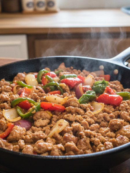 A vibrant and appetizing stir fry featuring ground pork sausage, bell peppers, and onions, arranged beautifully in a large frying pan. In the foreground, the pork is sizzling, with its golden-brown color enhanced by the light reflecting off the pan. Bright red and green bell peppers along with white and purple onions add color and freshness, glistening with a hint of sauce. In the middle, the ingredients are mixed together, showcasing the textures and details of each component. The background includes a rustic kitchen setting with soft, warm lighting that creates a cozy atmosphere. The camera angle is slightly above the dish, capturing the vibrant colors and inviting presentation, evoking a sense of warmth and home-cooked goodness.