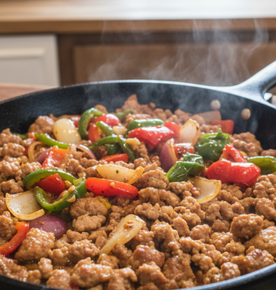 A vibrant and appetizing stir fry featuring ground pork sausage, bell peppers, and onions, arranged beautifully in a large frying pan. In the foreground, the pork is sizzling, with its golden-brown color enhanced by the light reflecting off the pan. Bright red and green bell peppers along with white and purple onions add color and freshness, glistening with a hint of sauce. In the middle, the ingredients are mixed together, showcasing the textures and details of each component. The background includes a rustic kitchen setting with soft, warm lighting that creates a cozy atmosphere. The camera angle is slightly above the dish, capturing the vibrant colors and inviting presentation, evoking a sense of warmth and home-cooked goodness.