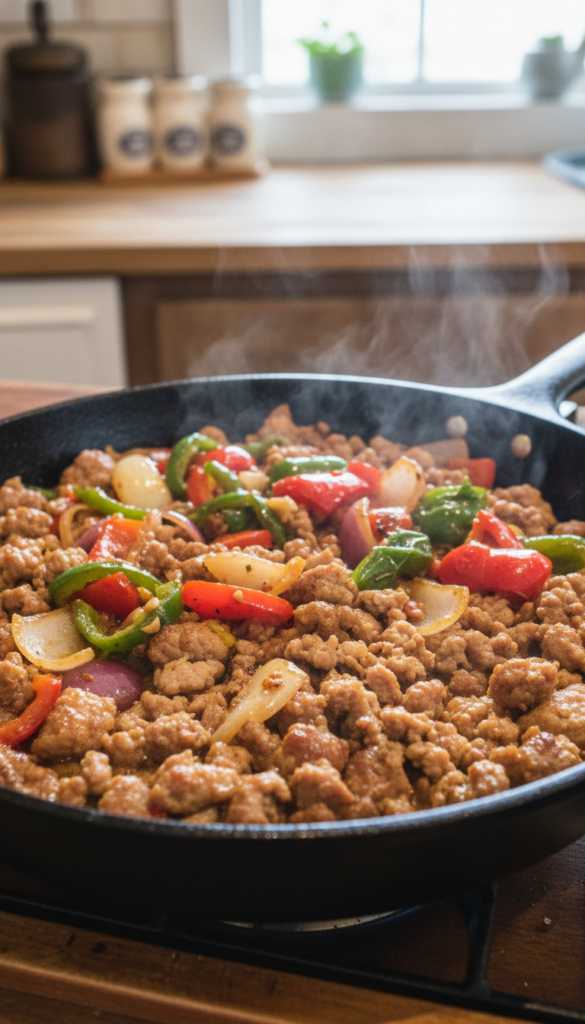 A vibrant and appetizing stir fry featuring ground pork sausage, bell peppers, and onions, arranged beautifully in a large frying pan. In the foreground, the pork is sizzling, with its golden-brown color enhanced by the light reflecting off the pan. Bright red and green bell peppers along with white and purple onions add color and freshness, glistening with a hint of sauce. In the middle, the ingredients are mixed together, showcasing the textures and details of each component. The background includes a rustic kitchen setting with soft, warm lighting that creates a cozy atmosphere. The camera angle is slightly above the dish, capturing the vibrant colors and inviting presentation, evoking a sense of warmth and home-cooked goodness.
