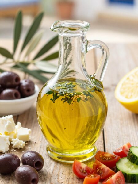 A vibrant and enticing image of Greek vinaigrette elegantly displayed in a clear glass cruet, resting on a rustic wooden table. The vinaigrette is a blend of golden olive oil, fresh lemon juice, and finely chopped herbs, with a hint of crushed garlic visible within. Surround the cruet with fresh ingredients like ripe Kalamata olives, crumbled feta cheese, and a scattering of colorful diced tomatoes and cucumbers, adding to the Mediterranean theme. In the background, soft-focus olive branches and a hint of a sunlit patio setting create a warm and inviting atmosphere. The lighting is bright and natural, highlighting the glistening texture of the vinaigrette and the freshness of the ingredients. Capture the image from a slightly elevated angle to emphasize the vibrancy and detail without including any text or distractions.