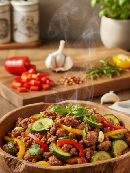 A vibrant, appetizing dish of ground pork sausage zucchini stir fry, featuring tender zucchini slices sautéed with evenly browned ground pork, garlic, and colorful bell peppers. The dish is garnished with fresh herbs for added brightness. The foreground showcases the stir fry served in a rustic wooden bowl, steam rising to convey warmth and freshness. In the middle ground, a wooden cutting board with chopped vegetables and spices adds context. The background includes a subtle, warm kitchen setting with soft, natural lighting that enhances the colors of the ingredients. The overall mood is inviting and homey, evoking a sense of comfort and quick, healthy cooking. The image has a shallow depth of field, ensuring focus on the dish while softly blurring the background.