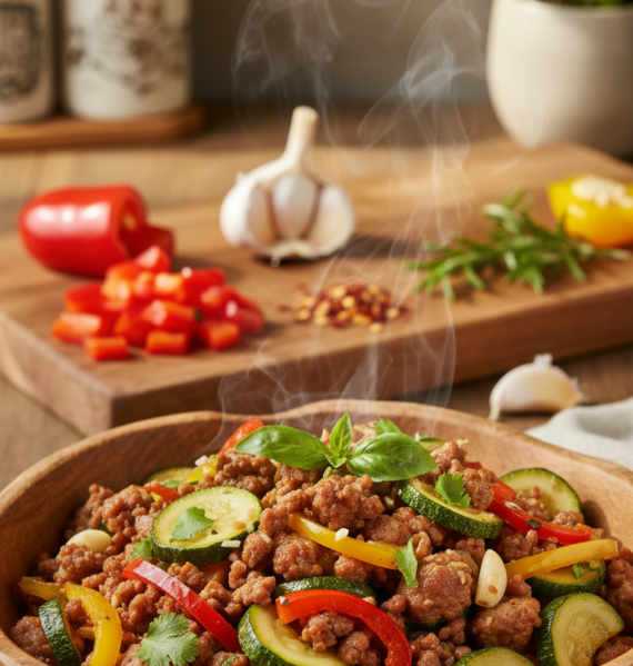 A vibrant, appetizing dish of ground pork sausage zucchini stir fry, featuring tender zucchini slices sautéed with evenly browned ground pork, garlic, and colorful bell peppers. The dish is garnished with fresh herbs for added brightness. The foreground showcases the stir fry served in a rustic wooden bowl, steam rising to convey warmth and freshness. In the middle ground, a wooden cutting board with chopped vegetables and spices adds context. The background includes a subtle, warm kitchen setting with soft, natural lighting that enhances the colors of the ingredients. The overall mood is inviting and homey, evoking a sense of comfort and quick, healthy cooking. The image has a shallow depth of field, ensuring focus on the dish while softly blurring the background.