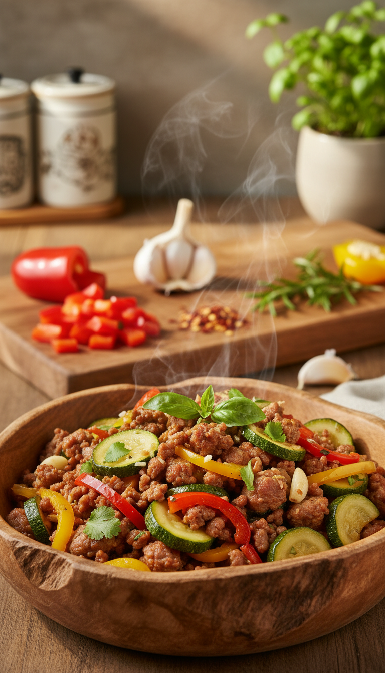 A vibrant, appetizing dish of ground pork sausage zucchini stir fry, featuring tender zucchini slices sautéed with evenly browned ground pork, garlic, and colorful bell peppers. The dish is garnished with fresh herbs for added brightness. The foreground showcases the stir fry served in a rustic wooden bowl, steam rising to convey warmth and freshness. In the middle ground, a wooden cutting board with chopped vegetables and spices adds context. The background includes a subtle, warm kitchen setting with soft, natural lighting that enhances the colors of the ingredients. The overall mood is inviting and homey, evoking a sense of comfort and quick, healthy cooking. The image has a shallow depth of field, ensuring focus on the dish while softly blurring the background.
