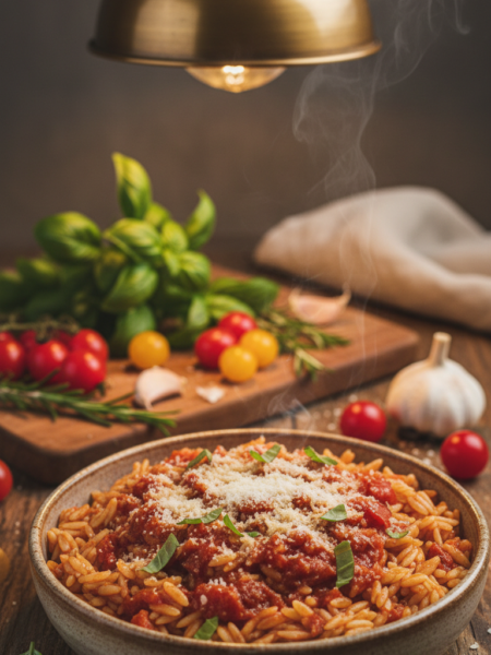 A vibrant bowl of tomato basil orzo sits invitingly in the foreground, showcasing perfectly cooked orzo pasta glistening with a rich, red tomato sauce, garnished with fresh basil leaves. The orzo is sprinkled with a dash of grated Parmesan cheese, adding texture and flavor. In the middle ground, a blurred assortment of ripe tomatoes and fresh herbs create a rustic kitchen atmosphere, hinting at the fresh ingredients used. In the background, soft, warm lighting emanates from an overhead pendant lamp, casting a gentle glow across the scene. The mood is cozy and inviting, evoking a sense of comfort associated with homemade meals. Capture this scene from a slightly angled top-down perspective to emphasize the dish's textures and colors, ensuring no text, watermarks, or external elements are visible in the image.