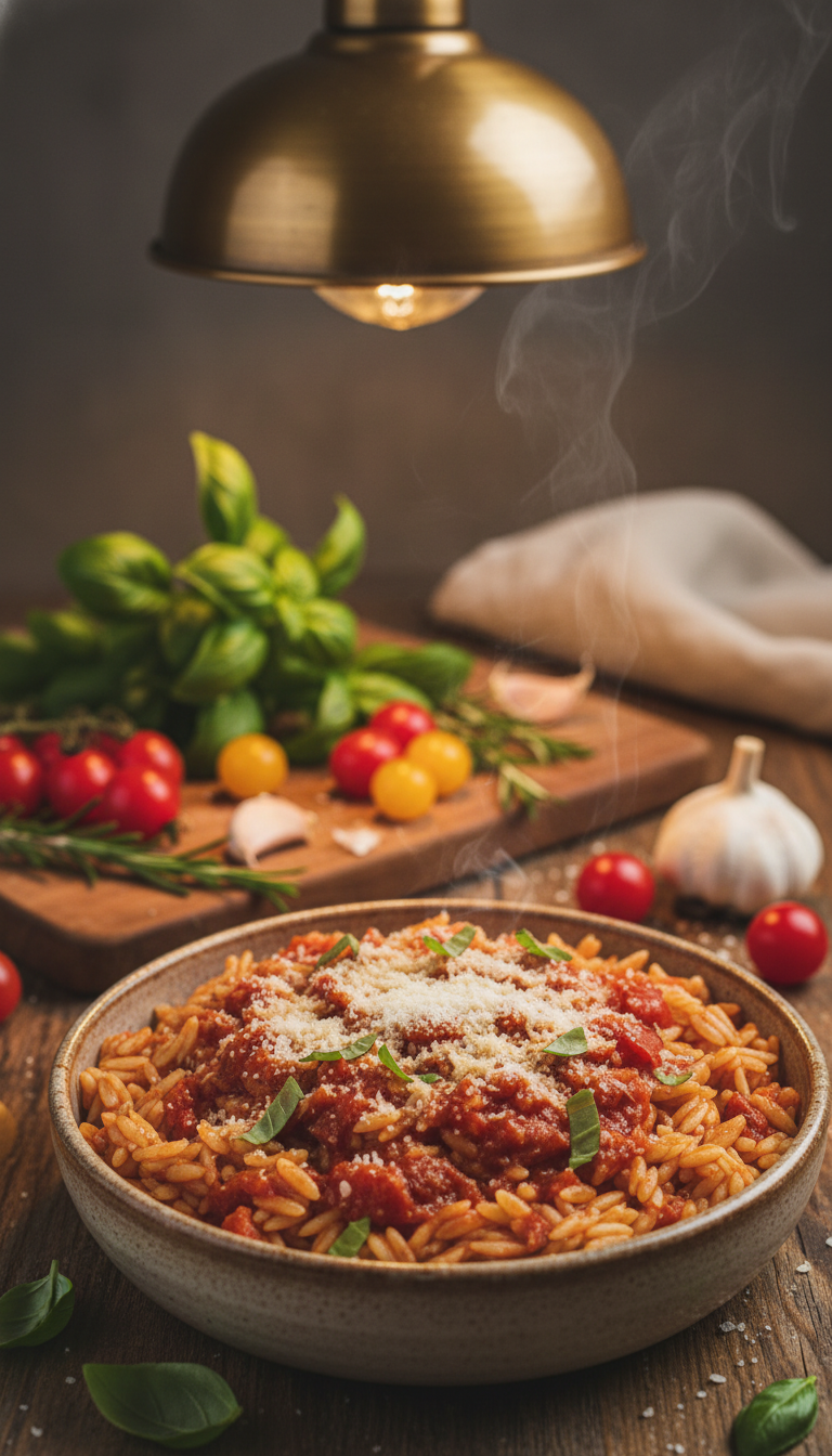 A vibrant bowl of tomato basil orzo sits invitingly in the foreground, showcasing perfectly cooked orzo pasta glistening with a rich, red tomato sauce, garnished with fresh basil leaves. The orzo is sprinkled with a dash of grated Parmesan cheese, adding texture and flavor. In the middle ground, a blurred assortment of ripe tomatoes and fresh herbs create a rustic kitchen atmosphere, hinting at the fresh ingredients used. In the background, soft, warm lighting emanates from an overhead pendant lamp, casting a gentle glow across the scene. The mood is cozy and inviting, evoking a sense of comfort associated with homemade meals. Capture this scene from a slightly angled top-down perspective to emphasize the dish's textures and colors, ensuring no text, watermarks, or external elements are visible in the image.
