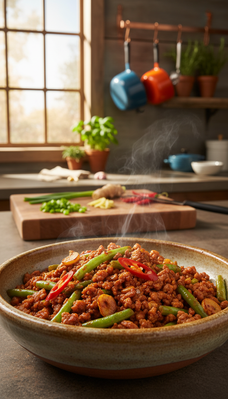 A vibrant, detailed close-up of a Spicy Ground Pork Sausage and Green Bean Stir Fry in a modern, rustic kitchen setting. In the foreground, a colorful bowl filled with sizzling stir-fried ground pork, glistening with a spicy sauce, mixed with crisp, bright green beans, sliced red chili peppers, and aromatic garlic pieces. The middle ground showcases a wooden cutting board with fresh ingredients like chopped scallions and a hint of ginger, enhancing the dish's freshness. The background features soft-focus kitchen elements, such as colorful cookware and herbs, creating a warm and inviting atmosphere. Soft, natural light streams in from a window, casting gentle shadows, evoking a cozy, home-cooked meal vibe.