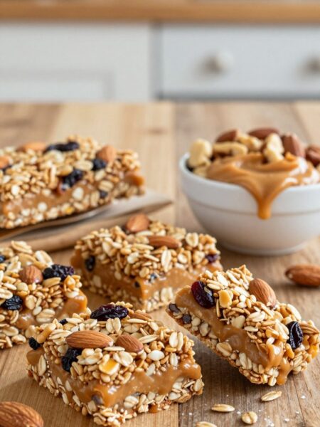 A vibrant, mouth-watering arrangement of no-bake almond butter granola bars displayed on a rustic wooden table. The bars are packed with oats, almond butter, honey, and sprinkled with nuts and dried fruits, showcasing their crunchy texture. In the foreground, a couple of granola bars are cut to reveal their chewy, layered interior, glistening with natural sweetness. The middle ground features a small bowl filled with mixed nuts and a drizzle of almond butter, adding an inviting touch. The background is softly blurred with warm natural lighting filtering through, creating a cozy kitchen ambiance. The composition conveys a healthy, homemade vibe, perfect for snacking, with an emphasis on freshness and wholesome ingredients.