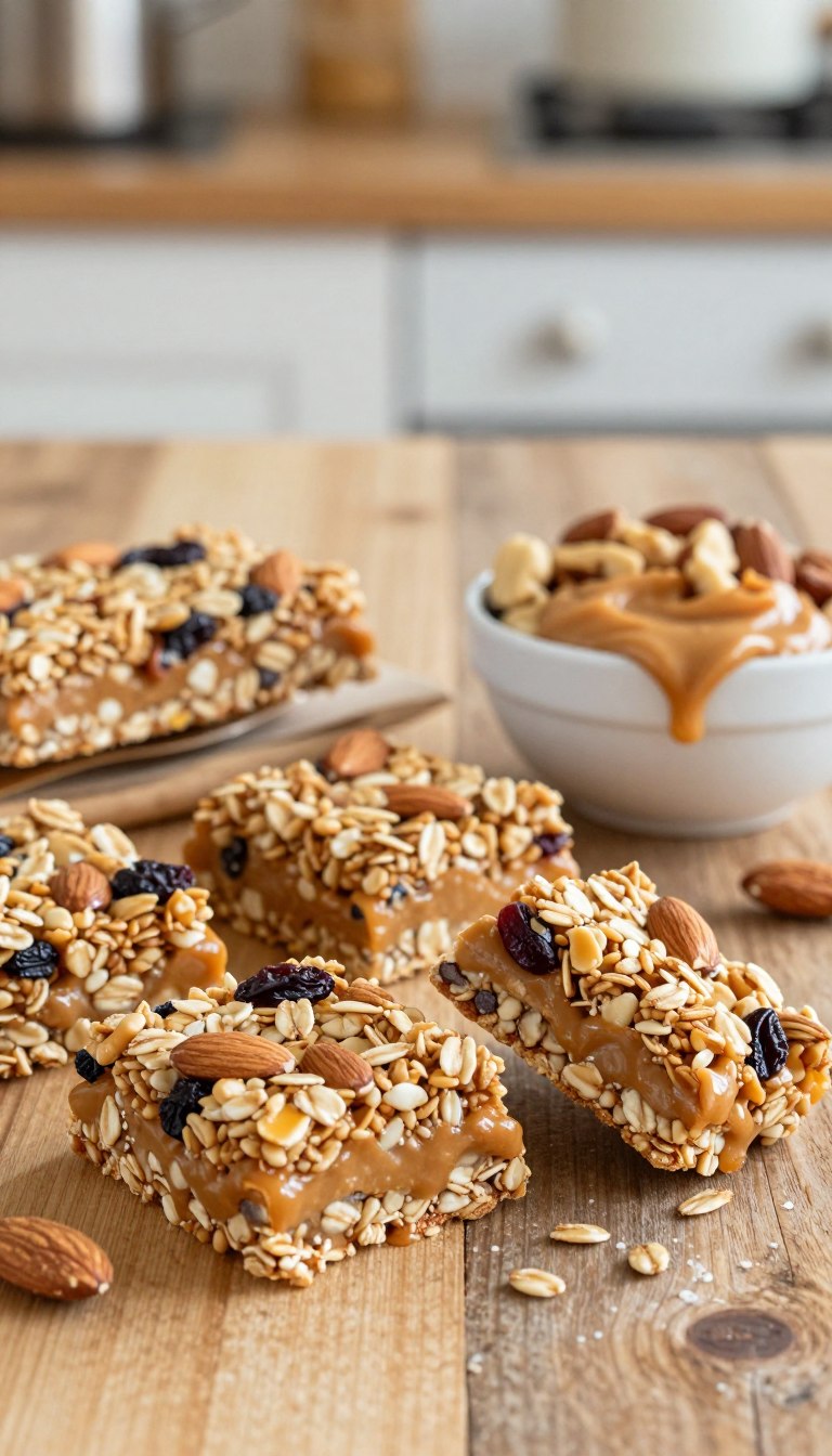 A vibrant, mouth-watering arrangement of no-bake almond butter granola bars displayed on a rustic wooden table. The bars are packed with oats, almond butter, honey, and sprinkled with nuts and dried fruits, showcasing their crunchy texture. In the foreground, a couple of granola bars are cut to reveal their chewy, layered interior, glistening with natural sweetness. The middle ground features a small bowl filled with mixed nuts and a drizzle of almond butter, adding an inviting touch. The background is softly blurred with warm natural lighting filtering through, creating a cozy kitchen ambiance. The composition conveys a healthy, homemade vibe, perfect for snacking, with an emphasis on freshness and wholesome ingredients.