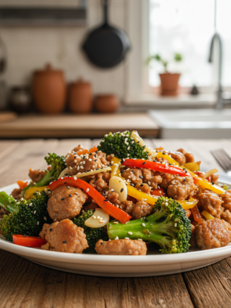 A vibrant, mouth-watering plate of ground pork sausage broccoli soy stir fry, artfully presented on a textured wooden table. The foreground features glossy, brown ground pork, sautéed until golden, with bright green broccoli florets glistening from a light soy sauce coating. Scattered sesame seeds add a touch of elegance. In the middle ground, colorful bell pepper slices provide a pop of color, while thinly sliced garlic and ginger hint at the dish's aromatic appeal. The background softly blurs out, showcasing a rustic kitchen setting with warm, inviting lighting that casts gentle shadows, enhancing the richness of the dish. The atmosphere is cozy and homely, inviting the viewer to enjoy a delicious meal.