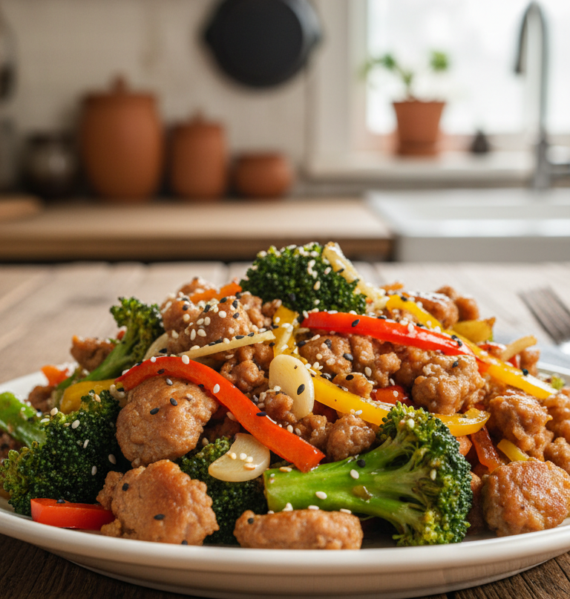 A vibrant, mouth-watering plate of ground pork sausage broccoli soy stir fry, artfully presented on a textured wooden table. The foreground features glossy, brown ground pork, sautéed until golden, with bright green broccoli florets glistening from a light soy sauce coating. Scattered sesame seeds add a touch of elegance. In the middle ground, colorful bell pepper slices provide a pop of color, while thinly sliced garlic and ginger hint at the dish's aromatic appeal. The background softly blurs out, showcasing a rustic kitchen setting with warm, inviting lighting that casts gentle shadows, enhancing the richness of the dish. The atmosphere is cozy and homely, inviting the viewer to enjoy a delicious meal.