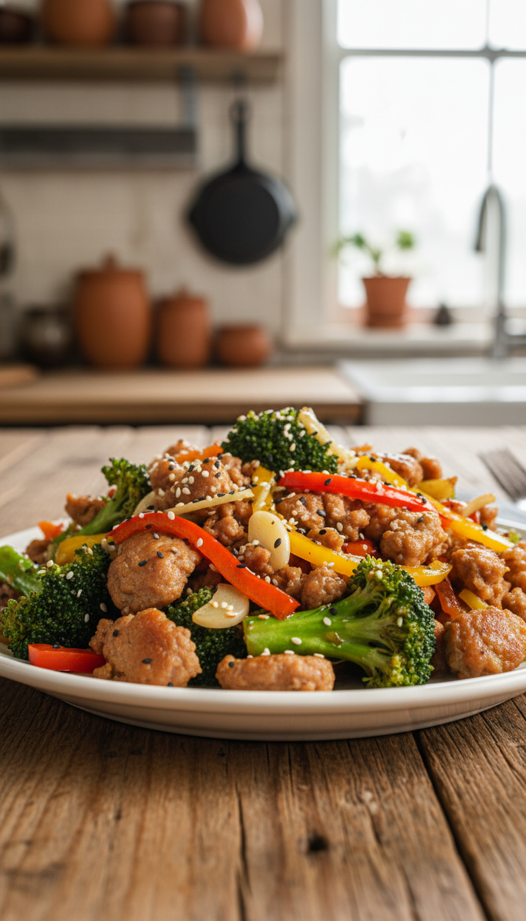 A vibrant, mouth-watering plate of ground pork sausage broccoli soy stir fry, artfully presented on a textured wooden table. The foreground features glossy, brown ground pork, sautéed until golden, with bright green broccoli florets glistening from a light soy sauce coating. Scattered sesame seeds add a touch of elegance. In the middle ground, colorful bell pepper slices provide a pop of color, while thinly sliced garlic and ginger hint at the dish's aromatic appeal. The background softly blurs out, showcasing a rustic kitchen setting with warm, inviting lighting that casts gentle shadows, enhancing the richness of the dish. The atmosphere is cozy and homely, inviting the viewer to enjoy a delicious meal.