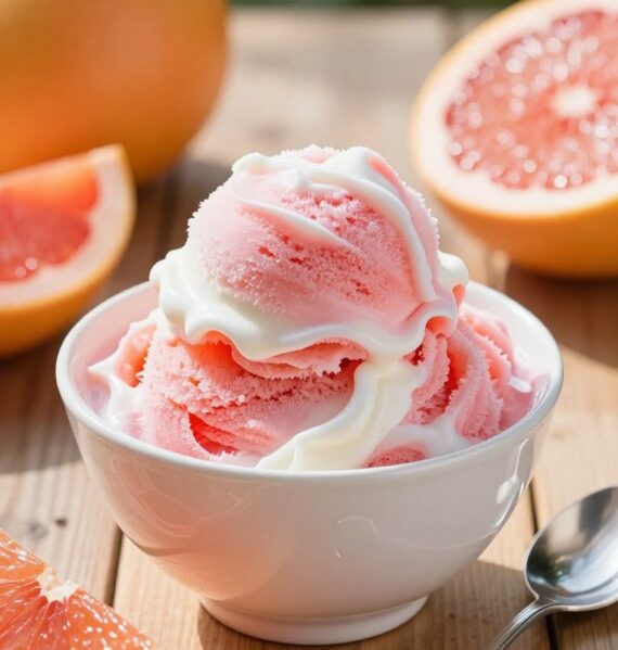 A vibrant, refreshing bowl of grapefruit sorbet, showcasing a texture that is creamy yet frozen, with fluffy swirls of bright pink and white. The sorbet sits atop a rustic wooden table, surrounded by fresh grapefruit halves, their juicy, pulpy interiors glistening. In the background, soft-focus greenery hints at a sunny outdoor setting, suggesting a warm summer day. Gentle, diffused sunlight casts a warm glow on the scene, emphasizing the vibrant colors of the dessert. A polished silver spoon rests elegantly beside the bowl, inviting indulgence. The overall mood is cheerful and inviting, evoking a sense of delight and refreshment that comes with enjoying a delicious frozen treat.