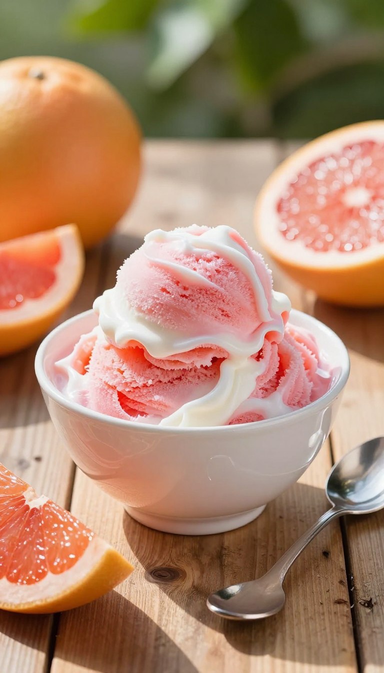 A vibrant, refreshing bowl of grapefruit sorbet, showcasing a texture that is creamy yet frozen, with fluffy swirls of bright pink and white. The sorbet sits atop a rustic wooden table, surrounded by fresh grapefruit halves, their juicy, pulpy interiors glistening. In the background, soft-focus greenery hints at a sunny outdoor setting, suggesting a warm summer day. Gentle, diffused sunlight casts a warm glow on the scene, emphasizing the vibrant colors of the dessert. A polished silver spoon rests elegantly beside the bowl, inviting indulgence. The overall mood is cheerful and inviting, evoking a sense of delight and refreshment that comes with enjoying a delicious frozen treat.