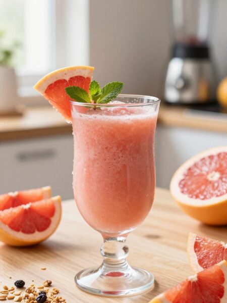 A vibrant, refreshing pink grapefruit smoothie sits in a clear glass, adorned with a slice of pink grapefruit on the rim and a sprig of mint for garnish. The smoothie has a smooth, creamy texture, with droplets of condensation on the outside of the glass, suggesting chill. In the foreground, there's a wooden table lightly dusted with granola and a few grapefruit segments scattered artistically. The middle background features a bright kitchen setting with soft natural light pouring in through a window, creating a warm, inviting atmosphere. In the distant background, subtle hints of kitchen decor are visible, including a few other fruits and a blender. The image captures a health-conscious, refreshing mood, perfect for a summer day, with a focus on the smoothie that embodies freshness and vitality.