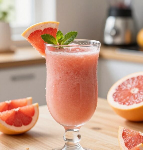 A vibrant, refreshing pink grapefruit smoothie sits in a clear glass, adorned with a slice of pink grapefruit on the rim and a sprig of mint for garnish. The smoothie has a smooth, creamy texture, with droplets of condensation on the outside of the glass, suggesting chill. In the foreground, there's a wooden table lightly dusted with granola and a few grapefruit segments scattered artistically. The middle background features a bright kitchen setting with soft natural light pouring in through a window, creating a warm, inviting atmosphere. In the distant background, subtle hints of kitchen decor are visible, including a few other fruits and a blender. The image captures a health-conscious, refreshing mood, perfect for a summer day, with a focus on the smoothie that embodies freshness and vitality.