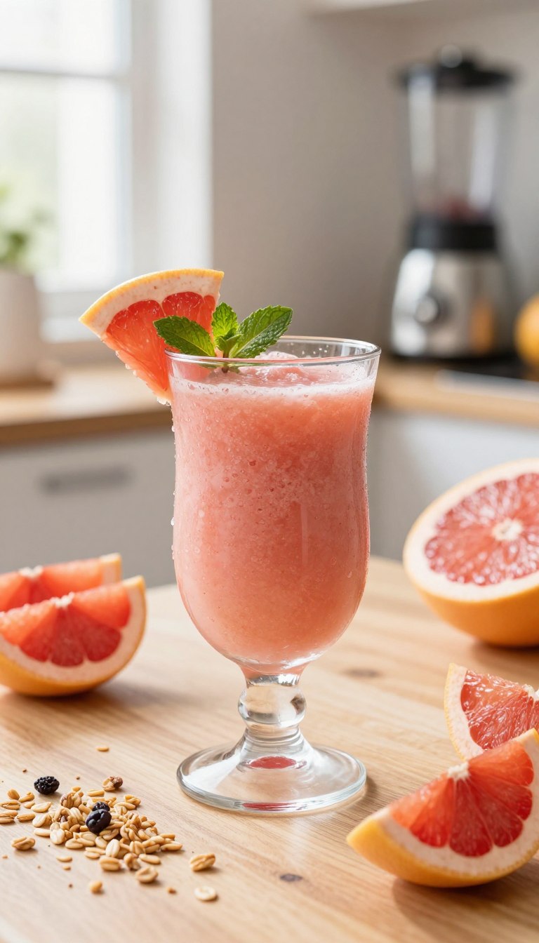 A vibrant, refreshing pink grapefruit smoothie sits in a clear glass, adorned with a slice of pink grapefruit on the rim and a sprig of mint for garnish. The smoothie has a smooth, creamy texture, with droplets of condensation on the outside of the glass, suggesting chill. In the foreground, there's a wooden table lightly dusted with granola and a few grapefruit segments scattered artistically. The middle background features a bright kitchen setting with soft natural light pouring in through a window, creating a warm, inviting atmosphere. In the distant background, subtle hints of kitchen decor are visible, including a few other fruits and a blender. The image captures a health-conscious, refreshing mood, perfect for a summer day, with a focus on the smoothie that embodies freshness and vitality.