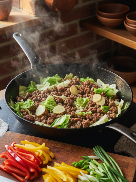 A vibrant stir-fry featuring ground pork sausage mixed with tender cabbage and slices of fresh ginger. In the foreground, a colorful array of ingredients including sliced bell peppers and chopped green onions lies scattered on a wooden cutting board. The sausage is sizzling in a glossy black wok, steam rising to capture the warmth of the dish. In the middle ground, the mixing of textures can be seen, with the cabbage wilting slightly against the heat, while ginger adds a bright contrast. The background shows a rustic kitchen with soft, warm lighting highlighting the food, creating a cozy and inviting atmosphere. The composition has a slight top-down angle, emphasizing the vibrant colors and abundance of the stir-fry, evoking a sense of deliciousness and home-cooked comfort.