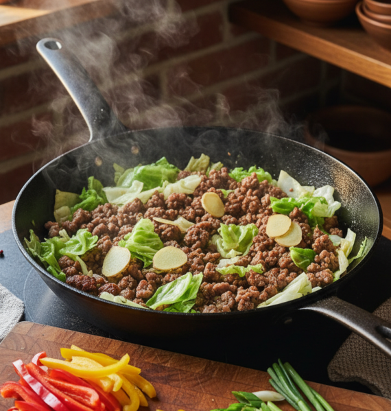 A vibrant stir-fry featuring ground pork sausage mixed with tender cabbage and slices of fresh ginger. In the foreground, a colorful array of ingredients including sliced bell peppers and chopped green onions lies scattered on a wooden cutting board. The sausage is sizzling in a glossy black wok, steam rising to capture the warmth of the dish. In the middle ground, the mixing of textures can be seen, with the cabbage wilting slightly against the heat, while ginger adds a bright contrast. The background shows a rustic kitchen with soft, warm lighting highlighting the food, creating a cozy and inviting atmosphere. The composition has a slight top-down angle, emphasizing the vibrant colors and abundance of the stir-fry, evoking a sense of deliciousness and home-cooked comfort.