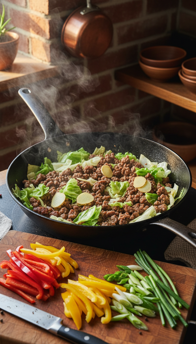 A vibrant stir-fry featuring ground pork sausage mixed with tender cabbage and slices of fresh ginger. In the foreground, a colorful array of ingredients including sliced bell peppers and chopped green onions lies scattered on a wooden cutting board. The sausage is sizzling in a glossy black wok, steam rising to capture the warmth of the dish. In the middle ground, the mixing of textures can be seen, with the cabbage wilting slightly against the heat, while ginger adds a bright contrast. The background shows a rustic kitchen with soft, warm lighting highlighting the food, creating a cozy and inviting atmosphere. The composition has a slight top-down angle, emphasizing the vibrant colors and abundance of the stir-fry, evoking a sense of deliciousness and home-cooked comfort.