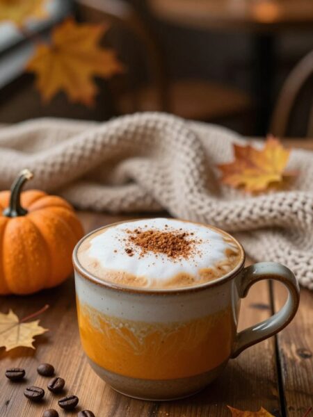 A warm and inviting pumpkin spice cappuccino beautifully presented in a ceramic mug, topped with a frothy layer of cinnamon-dusted foam. The foreground features the cappuccino with swirling autumn colors of orange and brown, decorated with a sprinkle of nutmeg. The mug sits on a rustic wooden table, accompanied by a small pumpkin and a few scattered coffee beans for texture. In the middle ground, there’s an elegant table setting with a soft knit throw and a flickering candle, casting a gentle, warm light. The background showcases softly blurred autumn leaves and a hint of a cozy café ambiance with warm, dim lighting. The overall mood is cozy and inviting, perfect for fall. The composition should be captured at a slight angle to emphasize the mug’s intricate details.