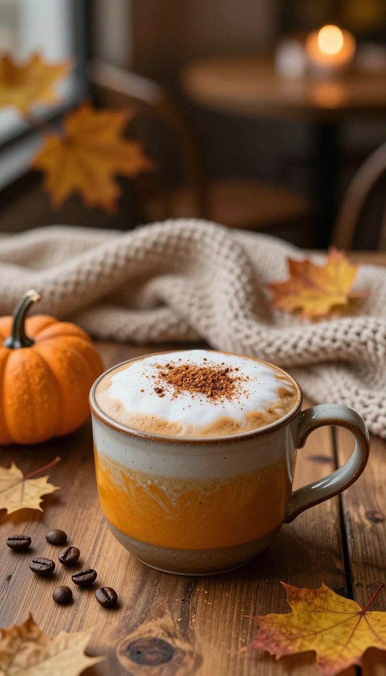 A warm and inviting pumpkin spice cappuccino beautifully presented in a ceramic mug, topped with a frothy layer of cinnamon-dusted foam. The foreground features the cappuccino with swirling autumn colors of orange and brown, decorated with a sprinkle of nutmeg. The mug sits on a rustic wooden table, accompanied by a small pumpkin and a few scattered coffee beans for texture. In the middle ground, there’s an elegant table setting with a soft knit throw and a flickering candle, casting a gentle, warm light. The background showcases softly blurred autumn leaves and a hint of a cozy café ambiance with warm, dim lighting. The overall mood is cozy and inviting, perfect for fall. The composition should be captured at a slight angle to emphasize the mug’s intricate details.