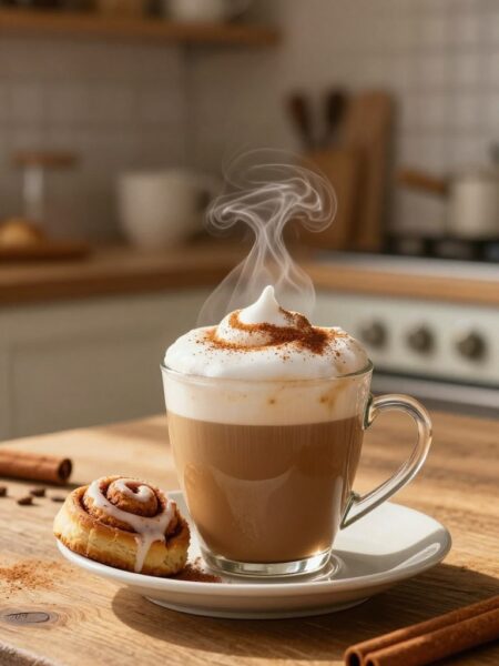 A warm and inviting scene featuring a steaming cup of cinnamon roll protein hot coffee placed on a rustic wooden table. The coffee is topped with a light frothy swirl, sprinkled with cinnamon and accompanied by a mini cinnamon roll drizzled with icing on a small plate beside it. In the background, there's a softly lit kitchen setting with blurred shelves lined with coffee mugs and spices. The mood is cozy and energizing, with golden morning light filtering in, creating a slight glow on the coffee. The image is captured from a close-up angle, emphasizing the textures and details of the coffee and the cinnamon roll, evoking a sense of comfort and indulgence.