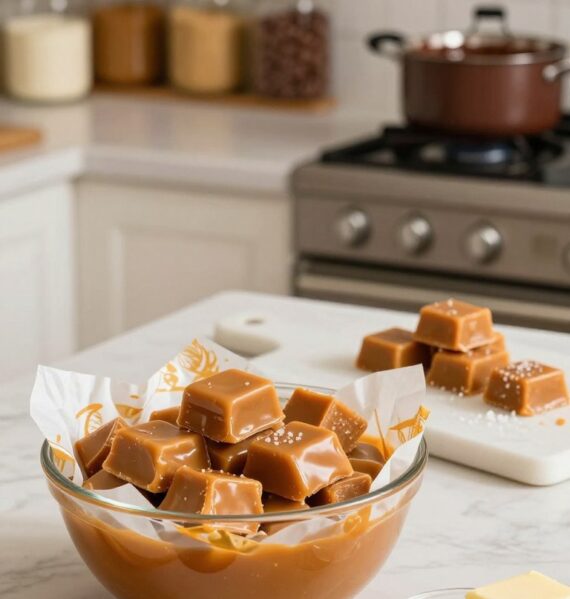 A warm, inviting kitchen scene featuring a countertop with a large, glossy bowl of golden microwave caramels, some still in the process of being wrapped in shiny wax paper. In the foreground, a rustic wooden spoon rests nearby, alongside a measuring cup filled with sugar and a stick of butter partially melted. The middle ground showcases a marble cutting board with a few caramels cut into perfect squares and sprinkled with a hint of sea salt. Behind, the softly lit kitchen exudes a cozy atmosphere, with wooden shelves filled with jars of baking ingredients and a pot of simmering chocolate sauce on the stove. The lighting is bright yet warm, accentuating the caramel's rich color and inviting texture. Shot with a close-up angle to highlight the delicious details, creating a sense of homemade comfort and delight.