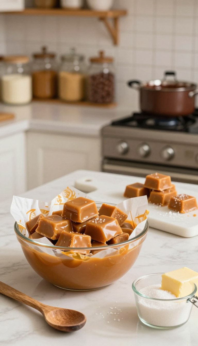 A warm, inviting kitchen scene featuring a countertop with a large, glossy bowl of golden microwave caramels, some still in the process of being wrapped in shiny wax paper. In the foreground, a rustic wooden spoon rests nearby, alongside a measuring cup filled with sugar and a stick of butter partially melted. The middle ground showcases a marble cutting board with a few caramels cut into perfect squares and sprinkled with a hint of sea salt. Behind, the softly lit kitchen exudes a cozy atmosphere, with wooden shelves filled with jars of baking ingredients and a pot of simmering chocolate sauce on the stove. The lighting is bright yet warm, accentuating the caramel's rich color and inviting texture. Shot with a close-up angle to highlight the delicious details, creating a sense of homemade comfort and delight.